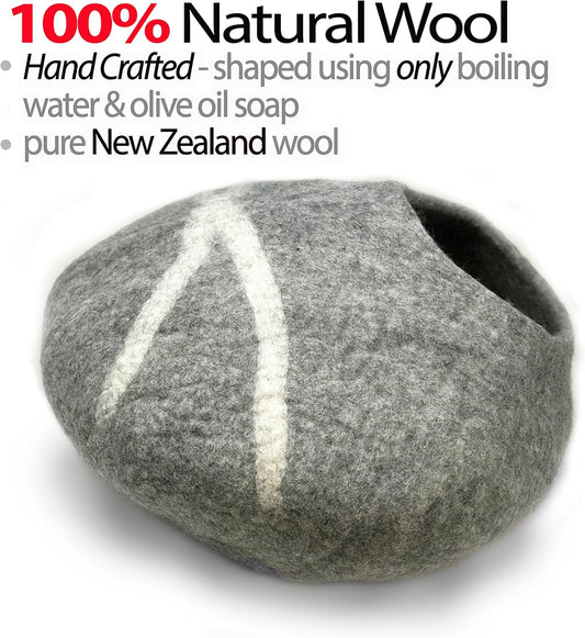 100% Wool Eco-Conscious Cat & Kitten Cave Bed - Cozy House Indoor Bed for Cats & Kittens - Pet Felt Cat Cave, Cushion, Cove, Nest, Hideout, Hideaway, Tent, Tunnel Beds (Light Gray)