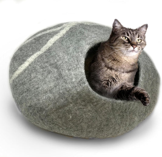 100% Wool Eco-Conscious Cat & Kitten Cave Bed - Cozy House Indoor Bed for Cats & Kittens - Pet Felt Cat Cave, Cushion, Cove, Nest, Hideout, Hideaway, Tent, Tunnel Beds (Light Gray)