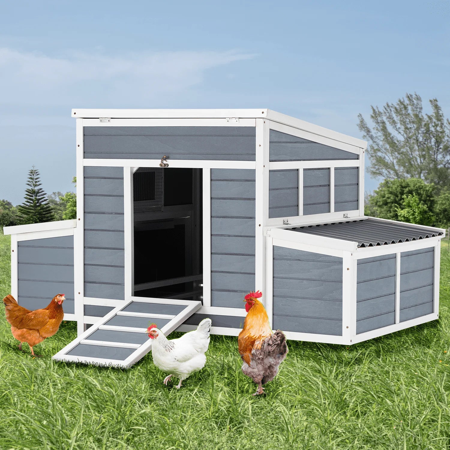 Chicken Coop 56" Large Wooden Chicken Hutch with 6 Nesting Boxes Outdoor Hen House Chicken Cage W/Ramps, Removable Tray for Easy Cleaning