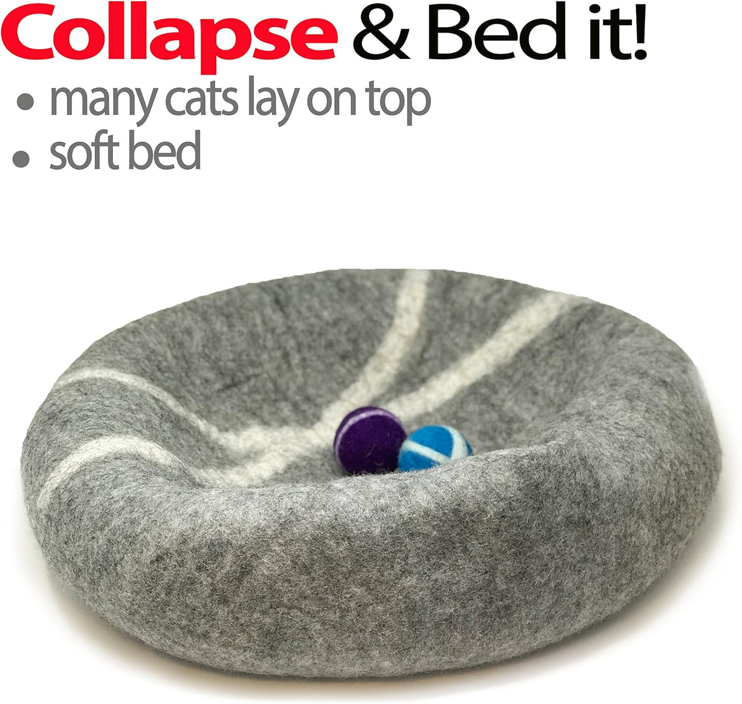 100% Wool Eco-Conscious Cat & Kitten Cave Bed - Cozy House Indoor Bed for Cats & Kittens - Pet Felt Cat Cave, Cushion, Cove, Nest, Hideout, Hideaway, Tent, Tunnel Beds (Light Gray)
